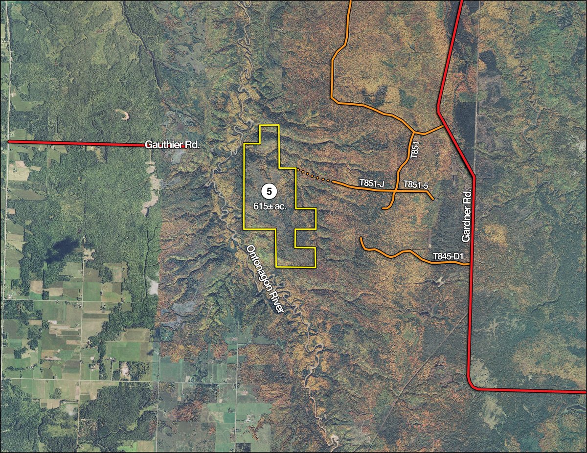 Tract map - 703+/- Acres in 5 Tracts \ 615+/- Acres Timber and Hunting Land in Michigan's U.P.